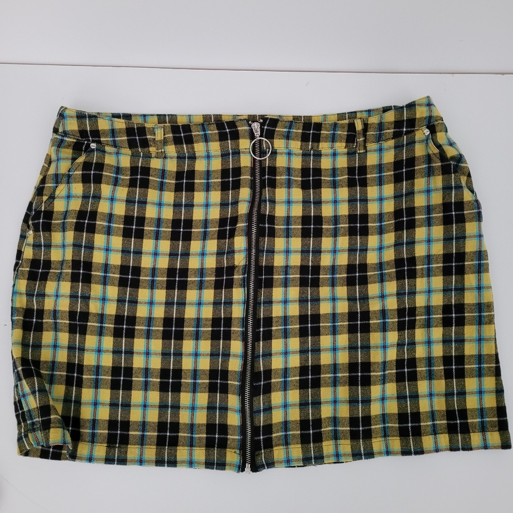 FOREVER 21+ Flannel Plaid Zip Front Punk Grunge Goth Yellow Black Skirt Size 3X